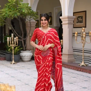 Red Lehariya with Ajrakh Print Scallope Border with Mirror, Gota , Sequence and Tari Work Saree