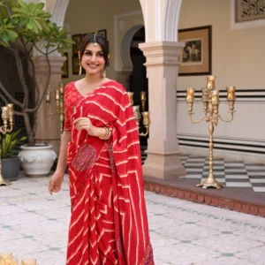 Red Mughal with Ajrakh Print Saree with Mirror , Sequence and Aari Work and Scallope Border