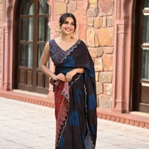 Black and Blue Polka Dot with Ajrakh Print Scallope Border and Tari with Gota and Sequence Work Saree