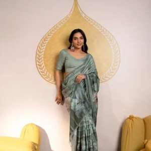 Green and Purple Pure muslin Scallope Border with Pearl Work Saree