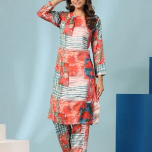 Orange and Blue Abstract Print coordinated Kurta Set