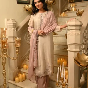 Blush Pink Cut Work Pure Muslin Silk Jacquard Kurta with Scallope Thread Hand Work and Fuschia Lilac Pant With Pure Organza Dupatta
