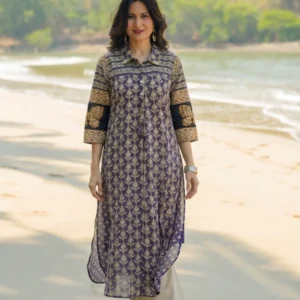 Purple and Blue Vayu Mul Chanderi Block Print Kurta Set