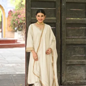 Off White Gota Work Mul chanderi Block Plain Dupatta Suit Set